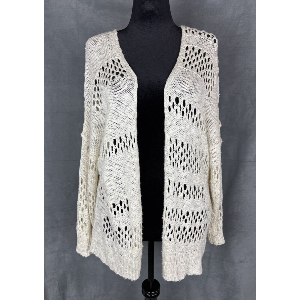 Crochet Knit Open Front Oversized Cardigan Sweater Cream Women's L Boho Festival